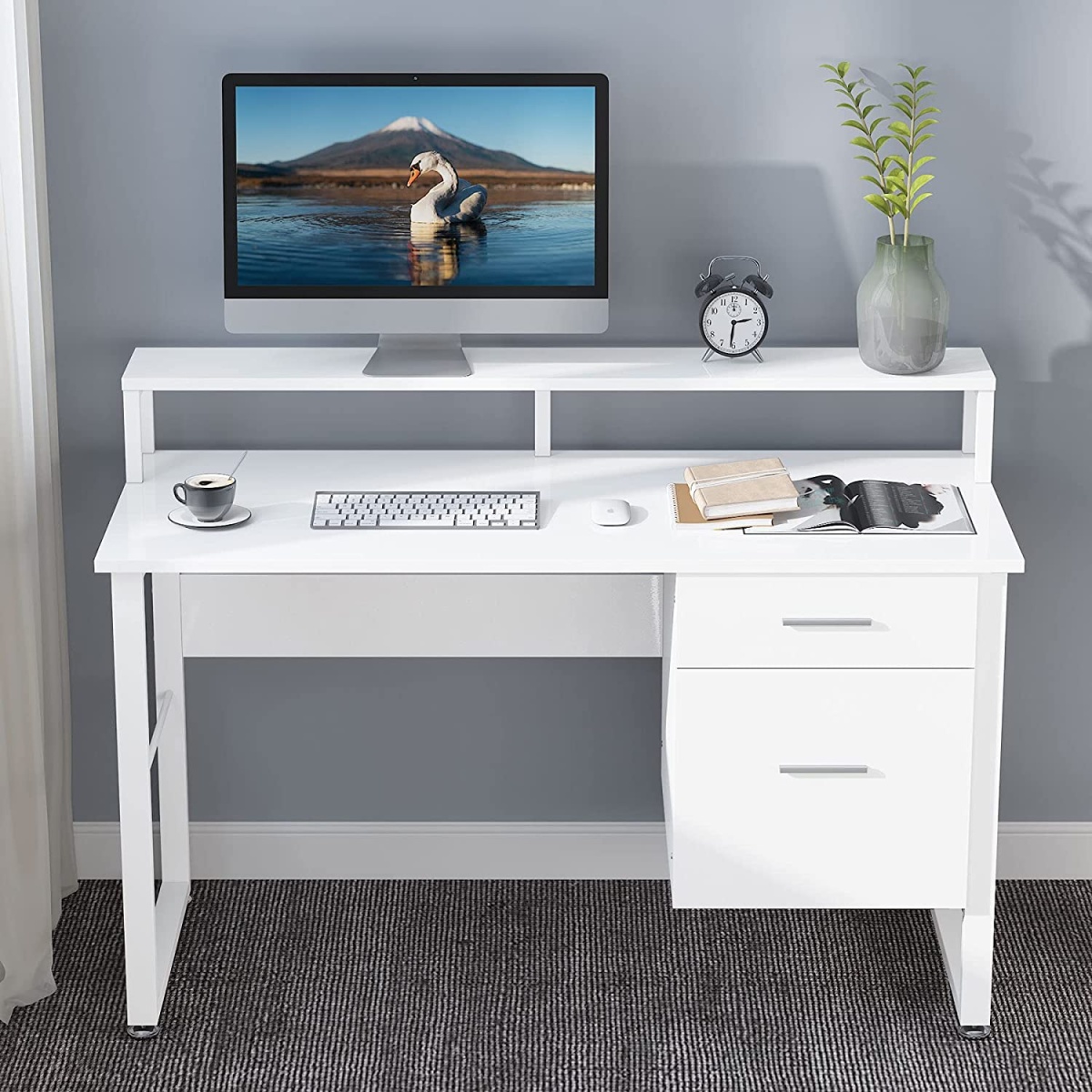 Computer Desk, White Study Table with with Monitor Stand ? Drawers - Image 5