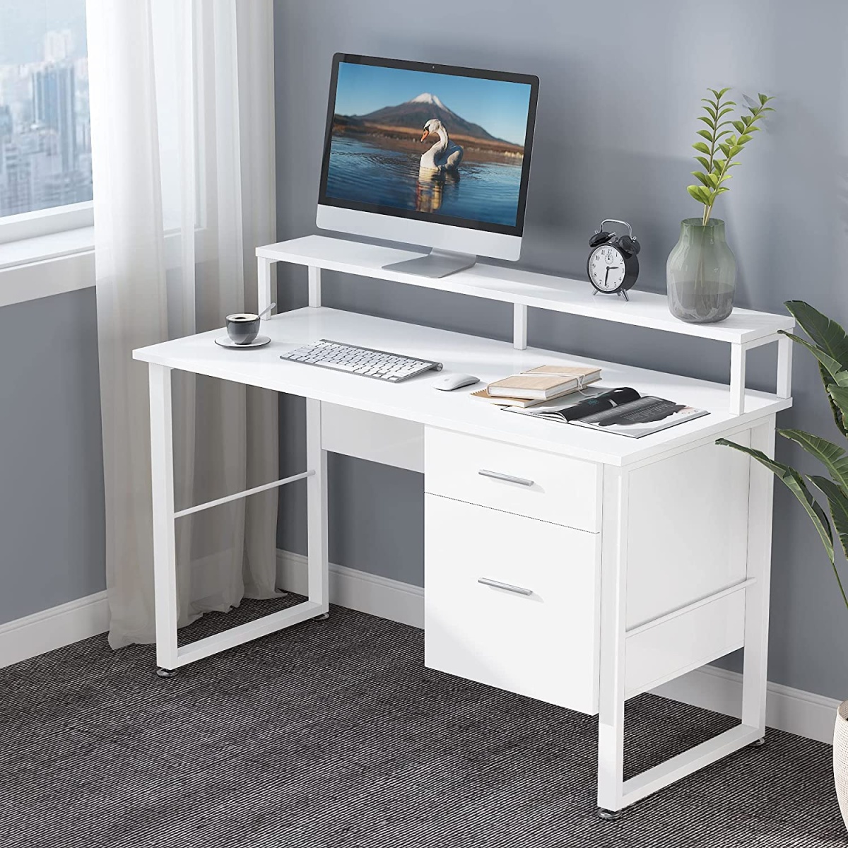 Computer Desk, White Study Table with with Monitor Stand ? Drawers - Image 4