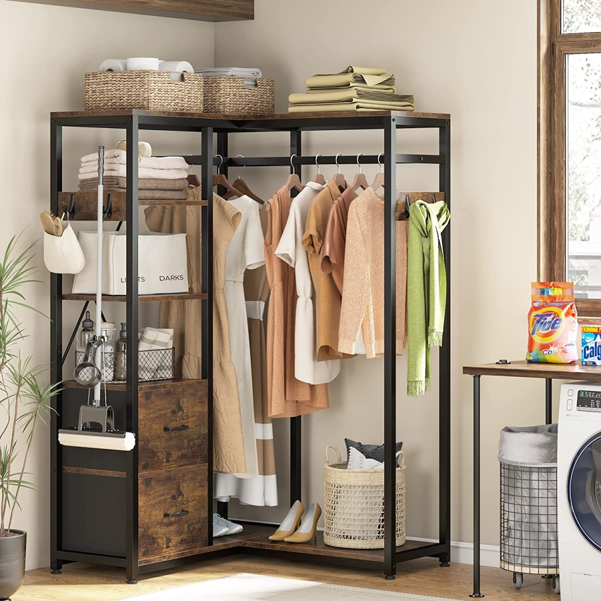 L Shaped Garment Rack with Shelves and 2 Fabric Drawers - Image 5