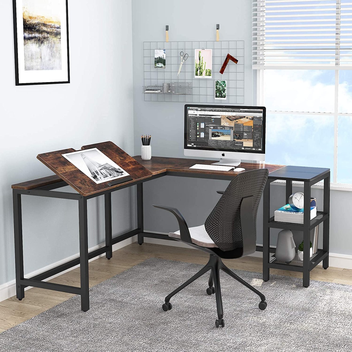 L-Shaped Desk, 59? Corner Computer Desk Drafting Table with Shelves - Image 5