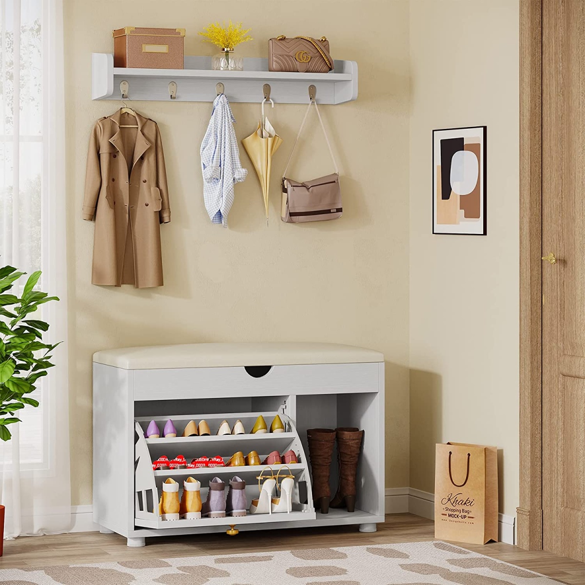 Coat Rack Shoe Bench Set, 6-in-1 Hall Tree with Wall Mounted Shelf - Image 4