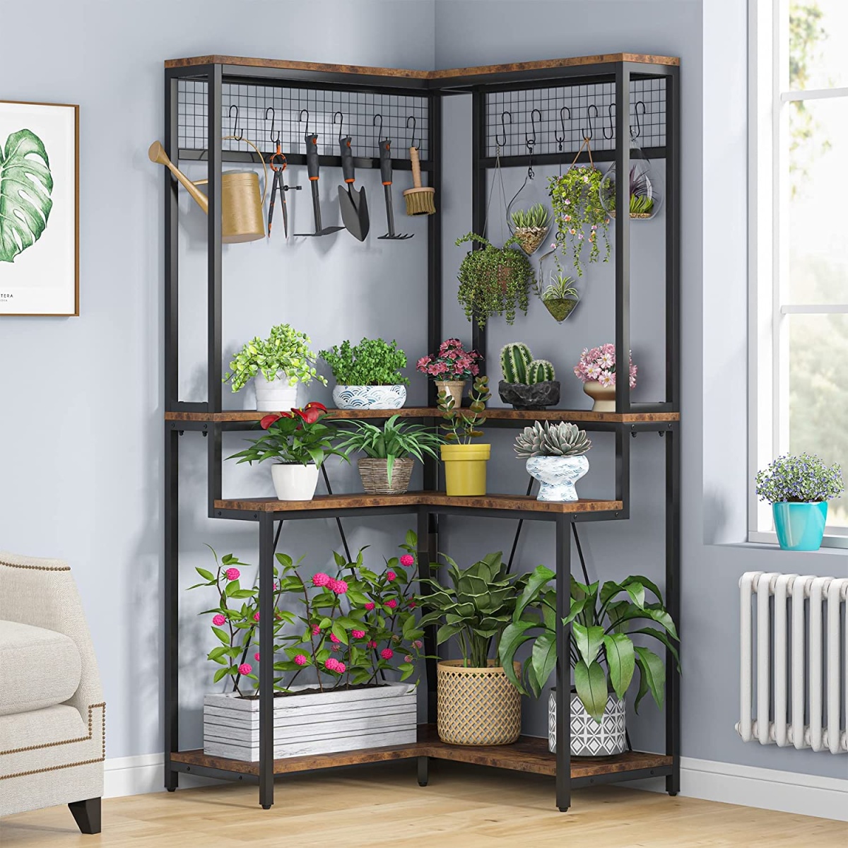 Corner Plant Stand, 67? Tall Flower Shelf with 15 Hanging Hooks - Image 2
