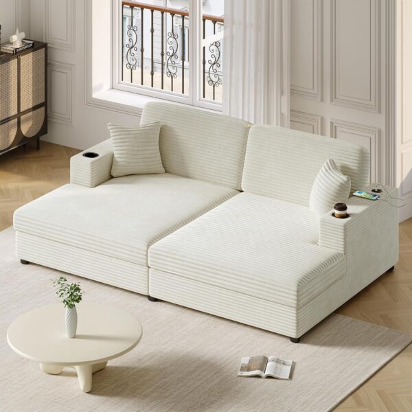 86.5" Oversized Loveseat Double Chaise Lounge Sectional Sofa Corduroy Upholstered Sleeper Sofabed Recliner Couch Daybed with Dual USB Ports , Two Cup Holders and Throw Pillows for Living Room Bedroom
