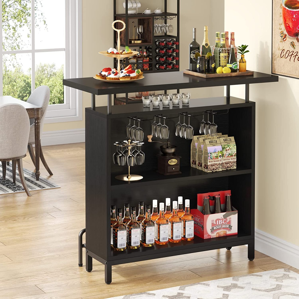 Bar Unit, 3-Tier Bar Table Liquor Cabinet with Stemware Rack - Image 1