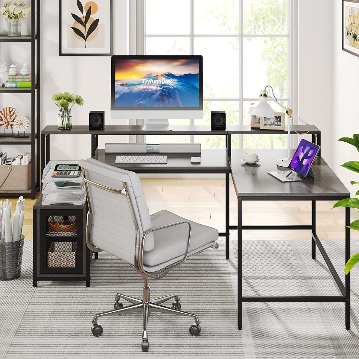 L-Shaped Desk, 70.5? Corner Computer Desk with Shelves & Monitor Stand - Image 2