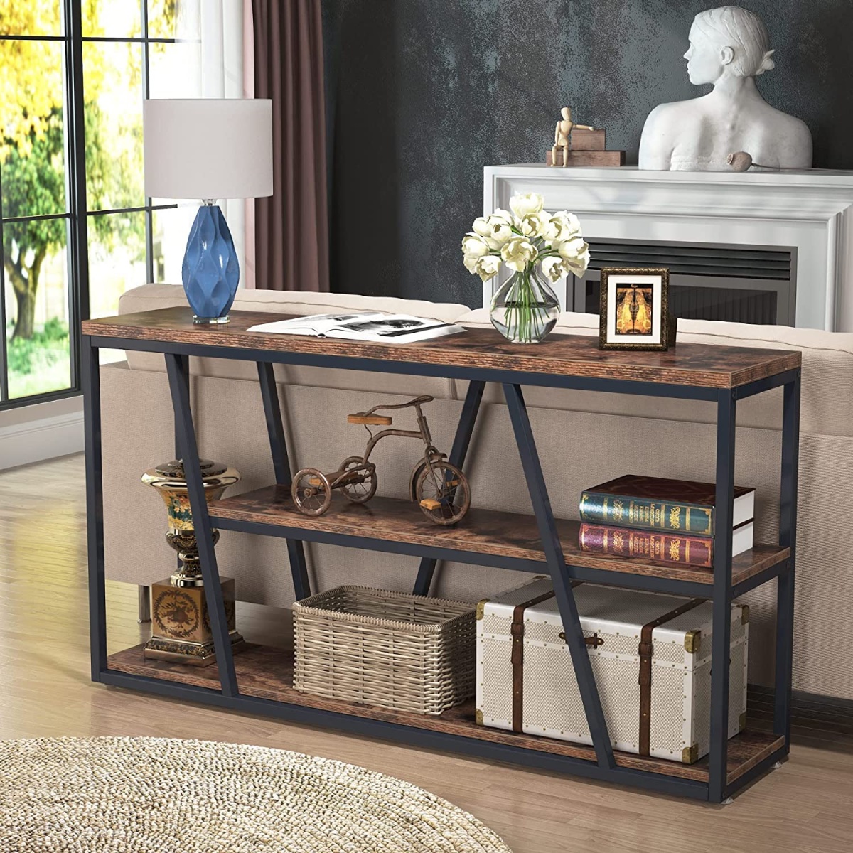 Console Table, Industrial 3-Tier Sofa Entryway Table with Open Shelves - Image 4