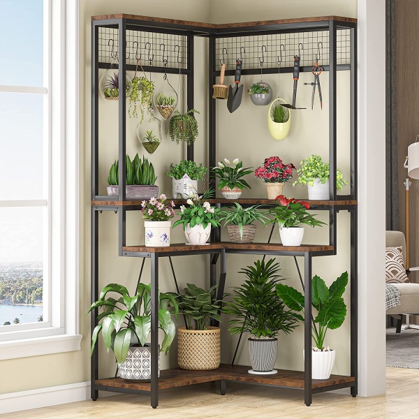 Corner Plant Stand, 67? Tall Flower Shelf with 15 Hanging Hooks