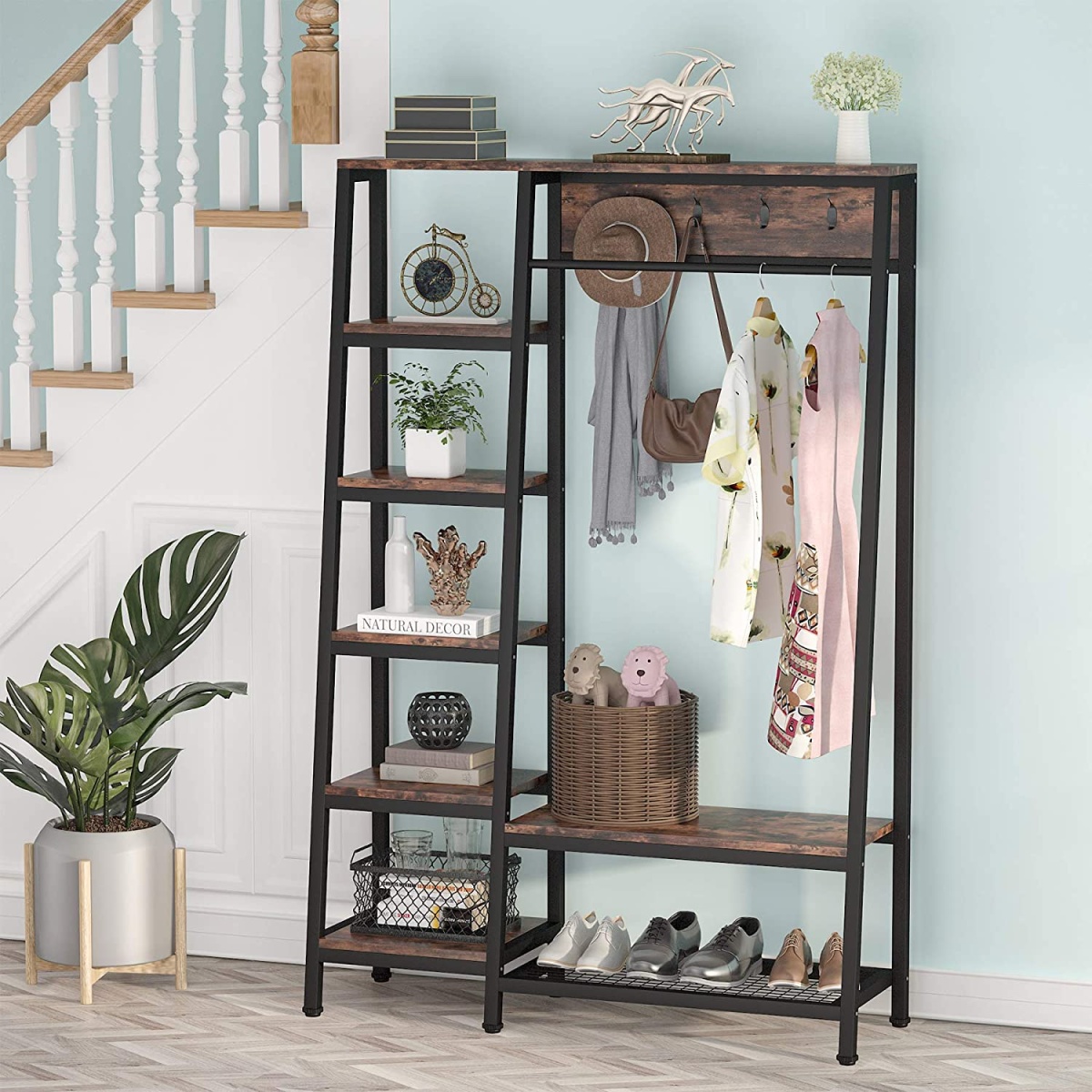 Freestanding Closet Organizer, 5-Tier Shelves Coat Garment Rack - Image 4