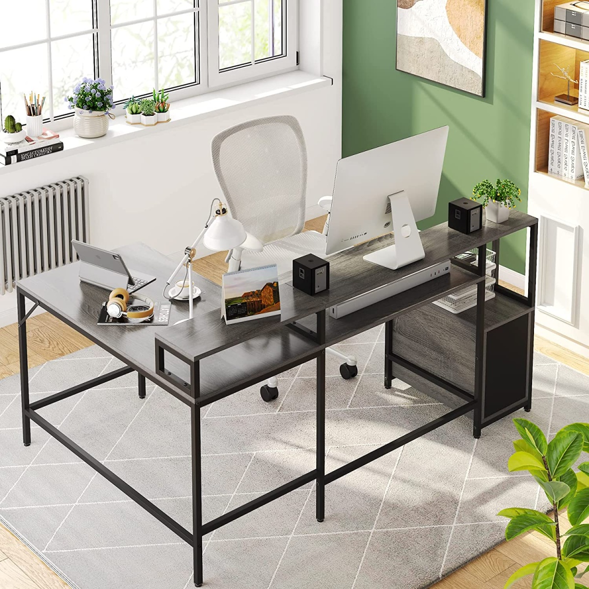L-Shaped Desk, 70.5? Corner Computer Desk with Shelves & Monitor Stand - Image 5