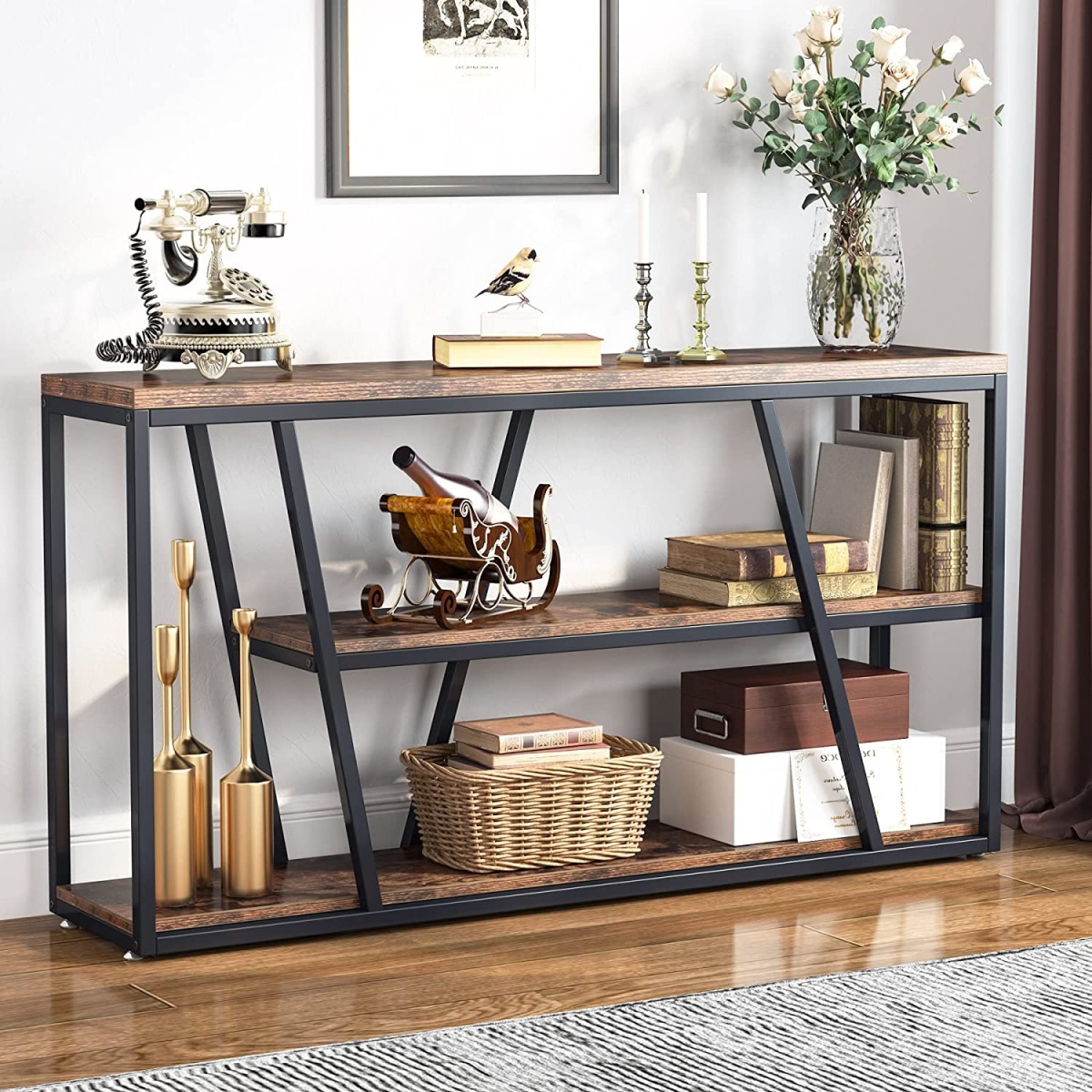 Console Table, Industrial 3-Tier Sofa Entryway Table with Open Shelves - Image 2