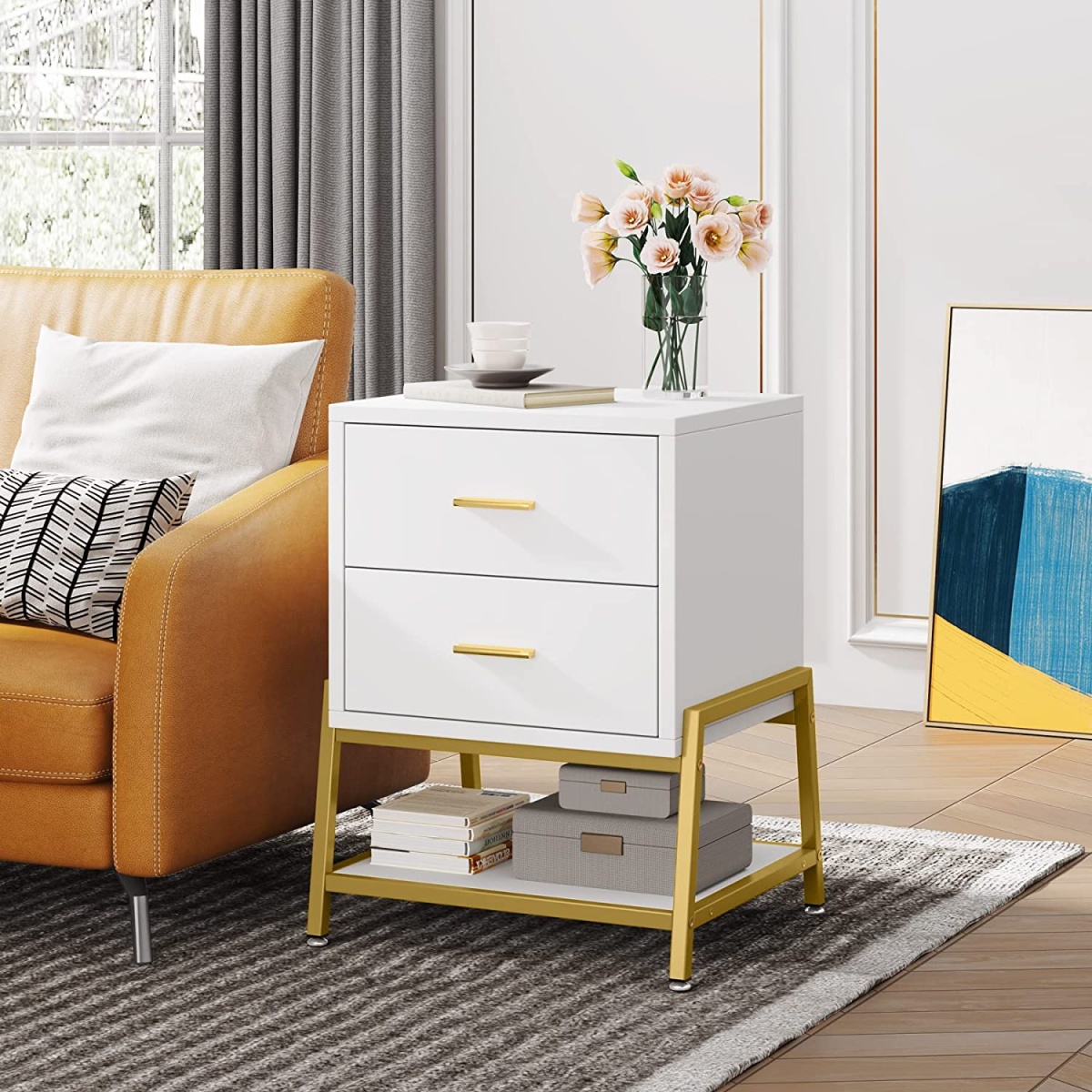 Nightstand, Modern Bedside End Table with 2 Drawers & Shelf - Image 4