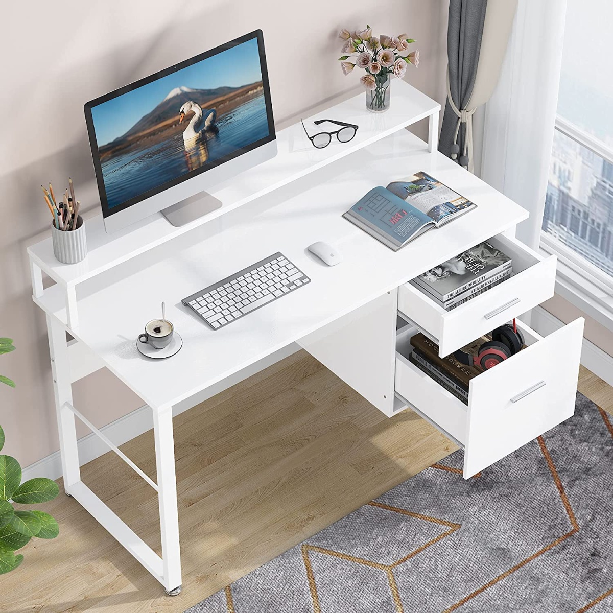 Computer Desk, White Study Table with with Monitor Stand ? Drawers - Image 6