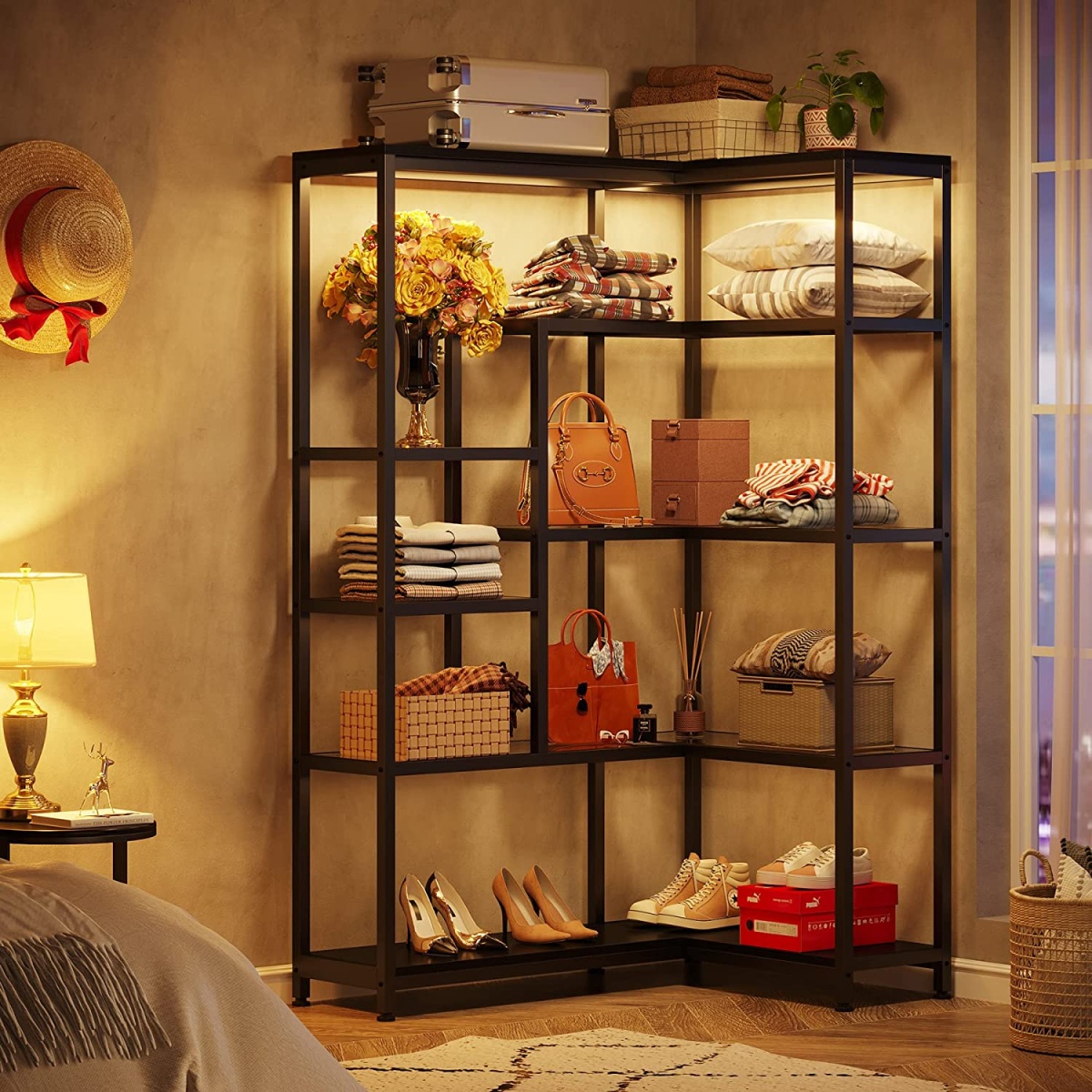 Corner Bookshelf, 70 Inch Bookcase with Led Light & Acrylic Glass - Image 4