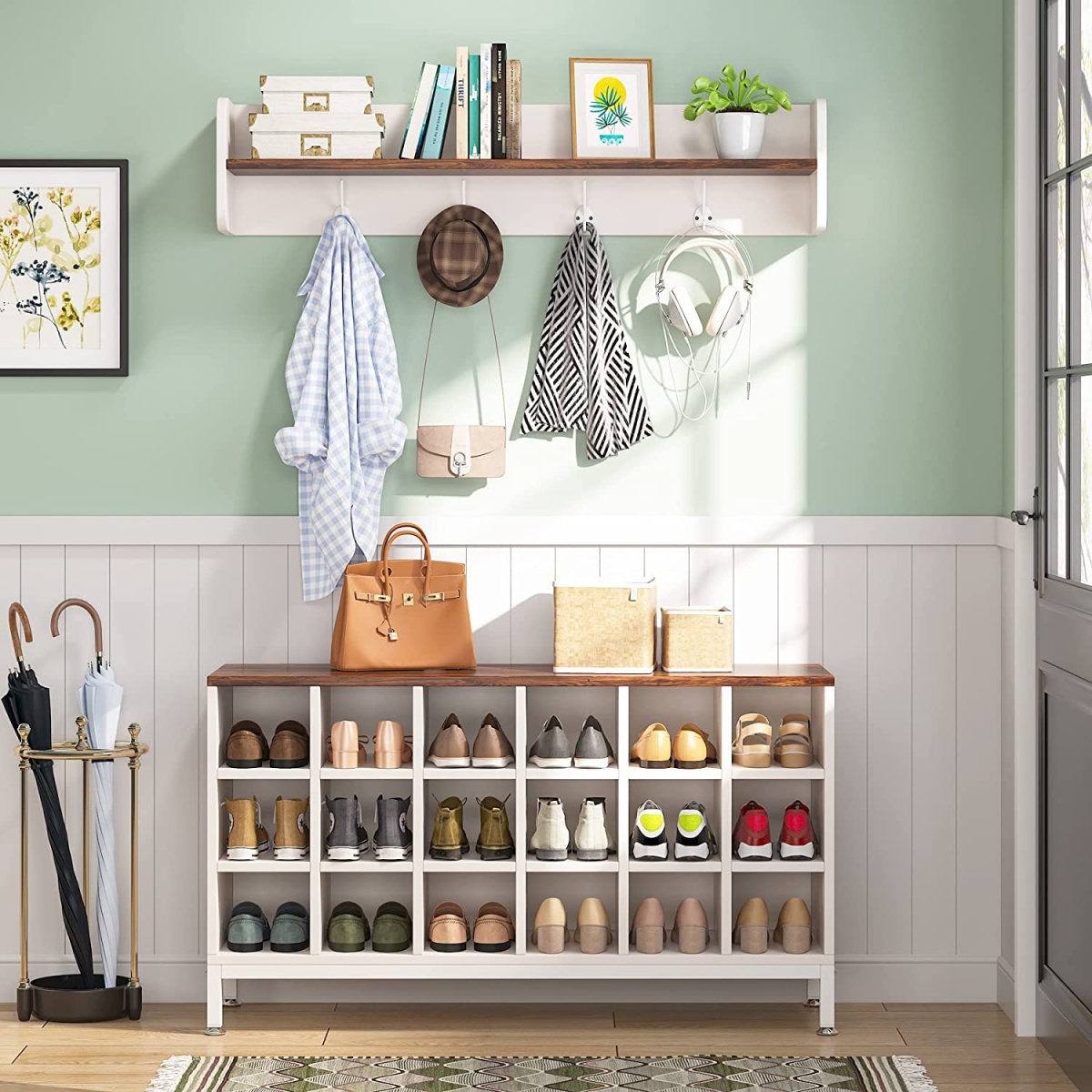 Coat Rack Shoe Bench Set, Hall Tree with Bench and 18 Shoe Cubbies - Image 4