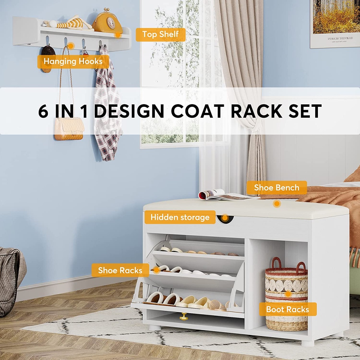 Coat Rack Shoe Bench Set, 6-in-1 Hall Tree with Wall Mounted Shelf - Image 7