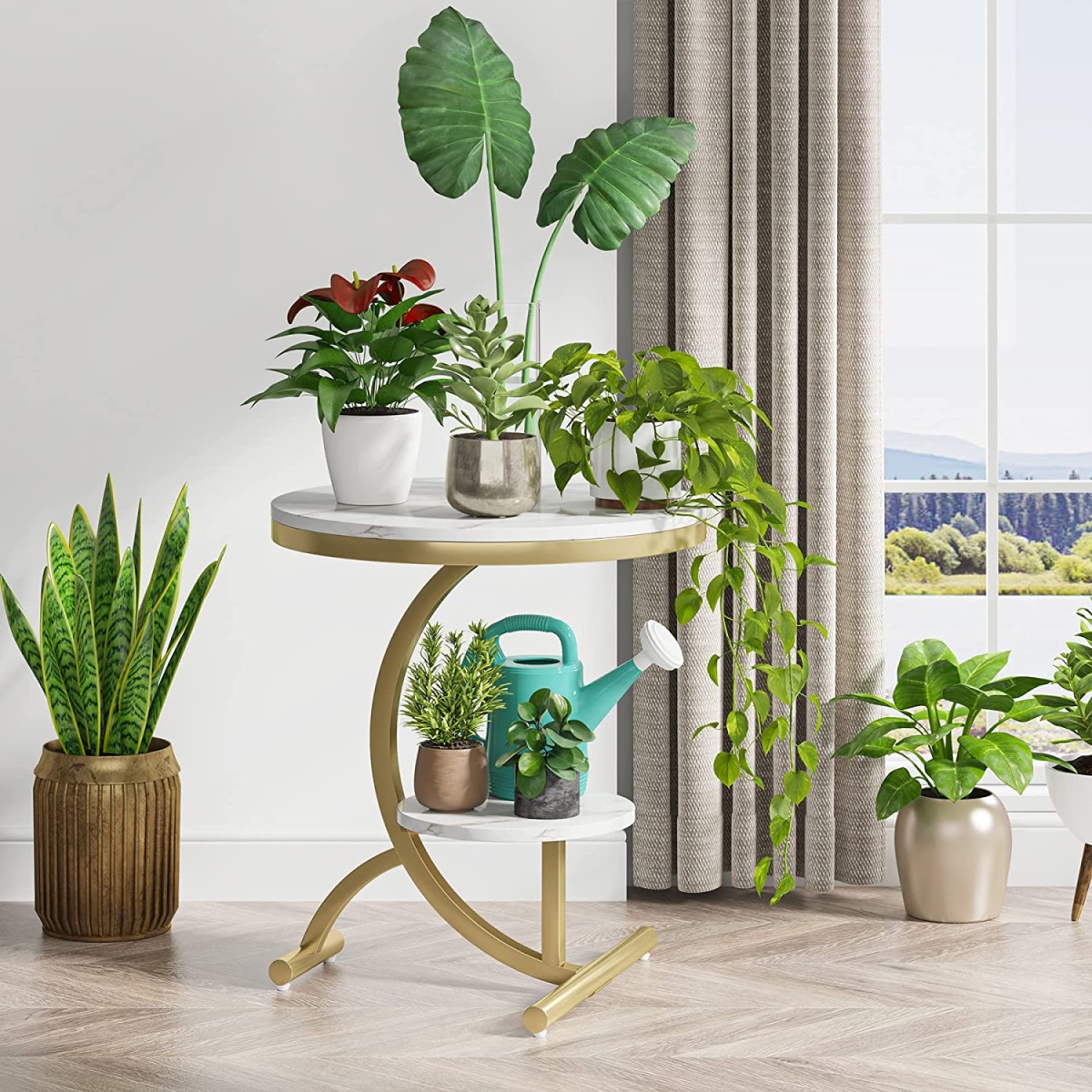 End Table, 2-Tier Round Faux Marble Sofa Side Table - Image 5