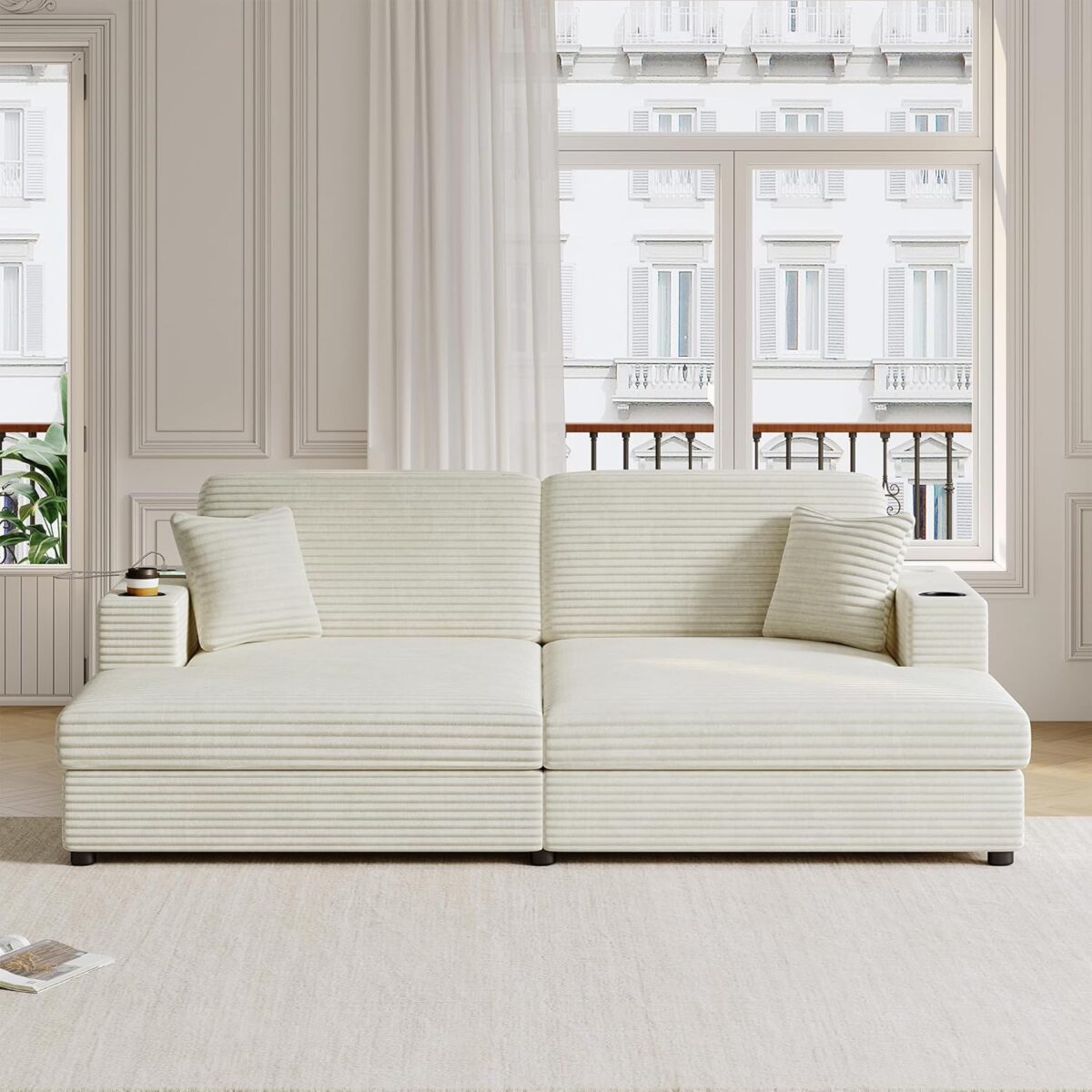 86.5" Oversized Loveseat Double Chaise Lounge Sectional Sofa Corduroy Upholstered Sleeper Sofabed Recliner Couch Daybed with Dual USB Ports , Two Cup Holders and Throw Pillows for Living Room Bedroom - Image 3