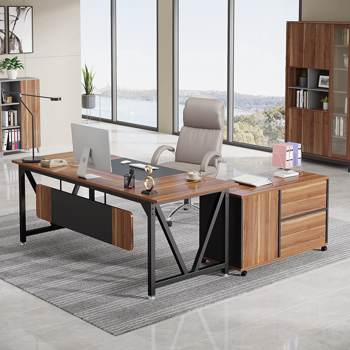 L-Shaped Desk, 70.8? Executive Desk with 35.4? File Cabinet - Image 5