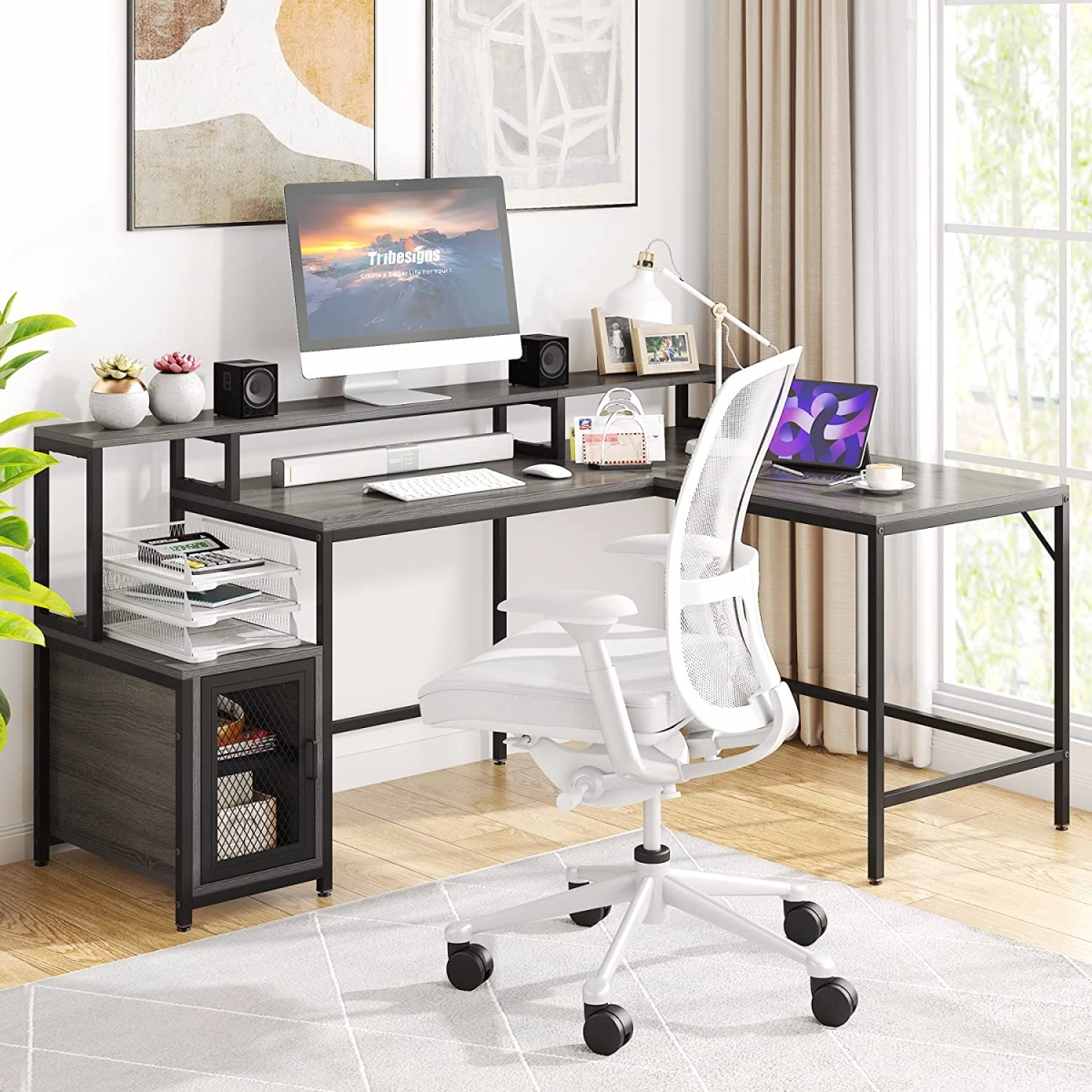 L-Shaped Desk, 70.5? Corner Computer Desk with Shelves & Monitor Stand - Image 4