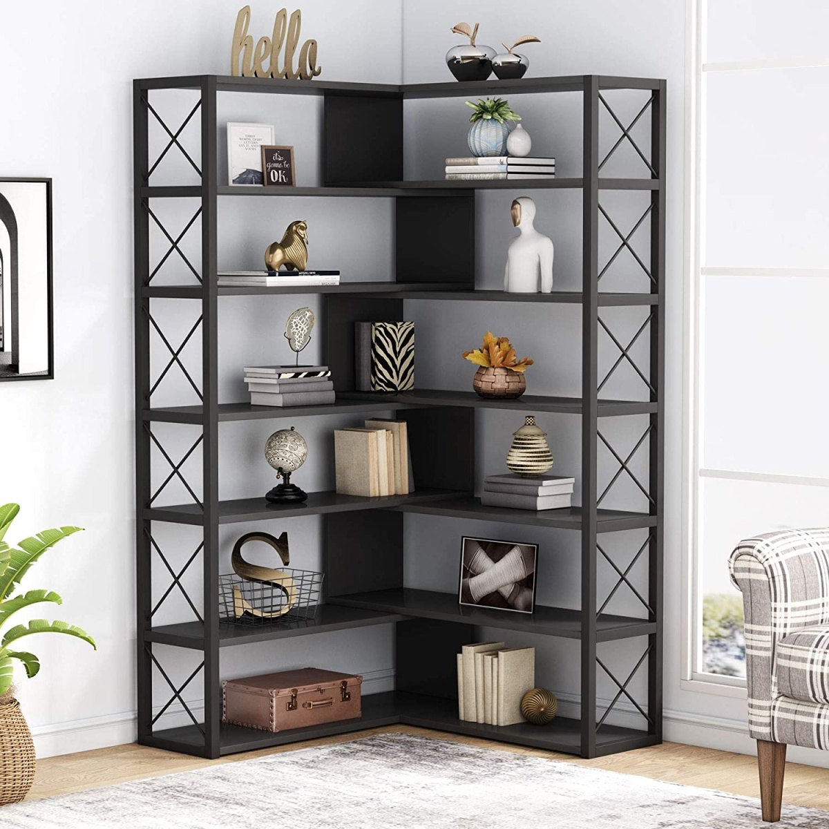 Corner Bookshelf, 6-Tier Bookcase Corner Storage Display Stand - Image 1