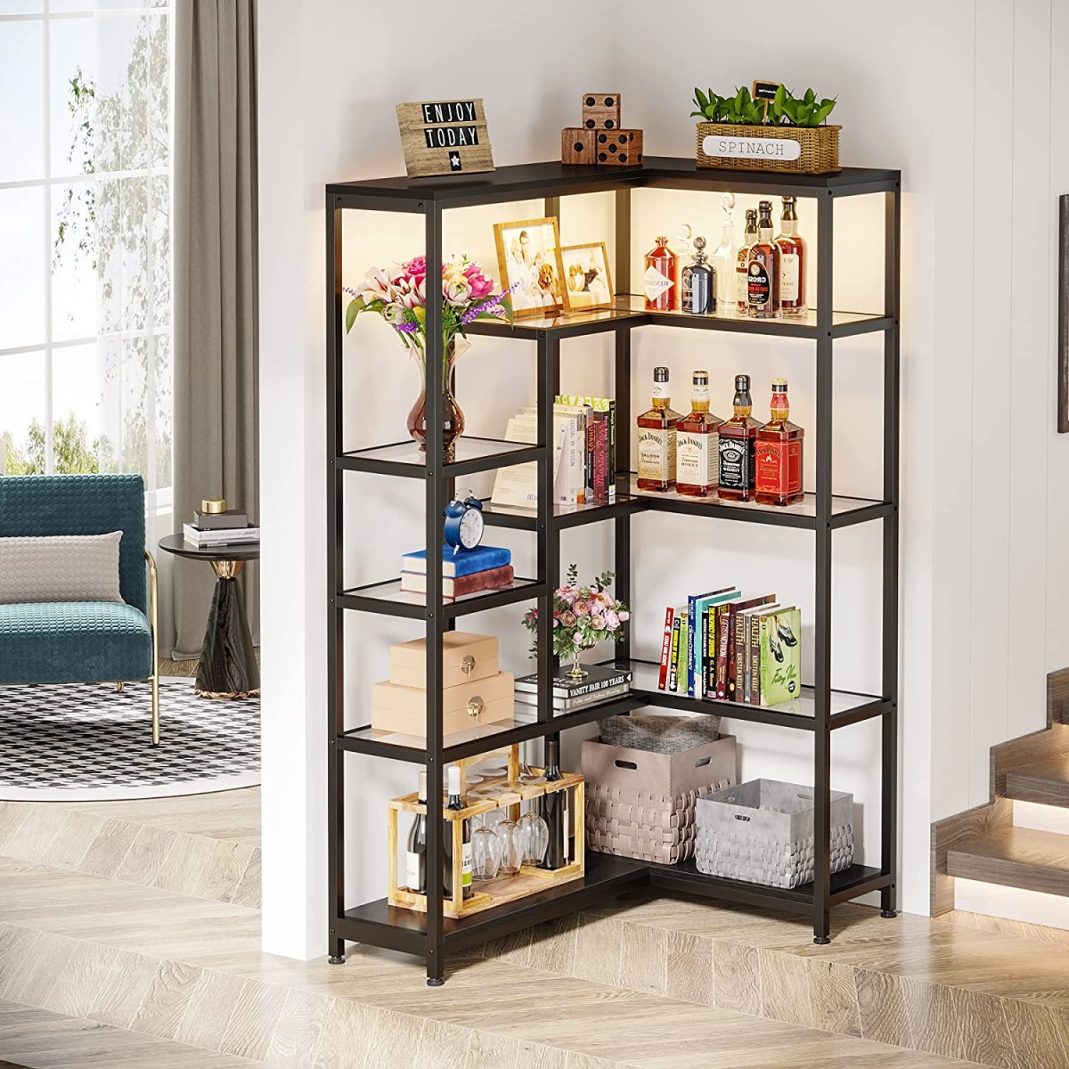 Corner Bookshelf, 70 Inch Bookcase with Led Light & Acrylic Glass - Image 6