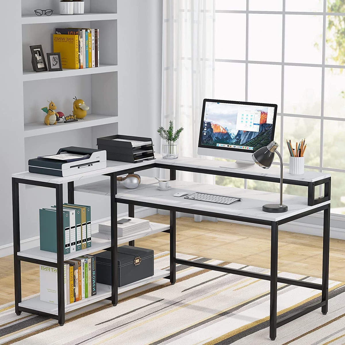 Reversible L Shaped Computer Corner Desk with Shelves - Image 9