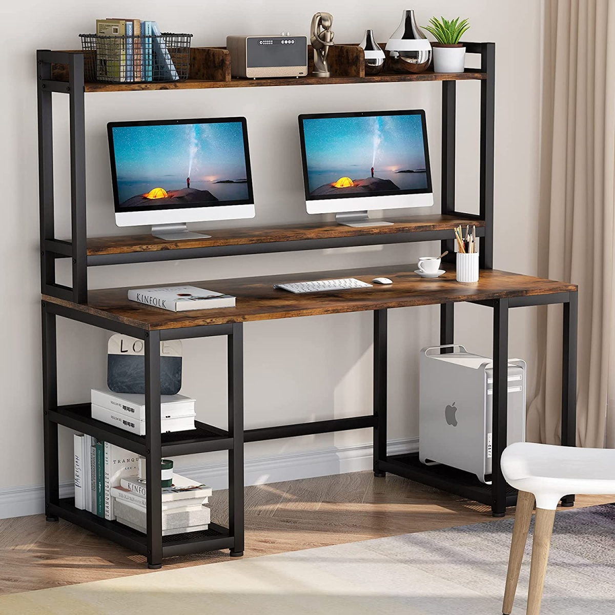 Computer Desk, 55? Hutch Desk Writing Table with Monitor Stand - Image 1