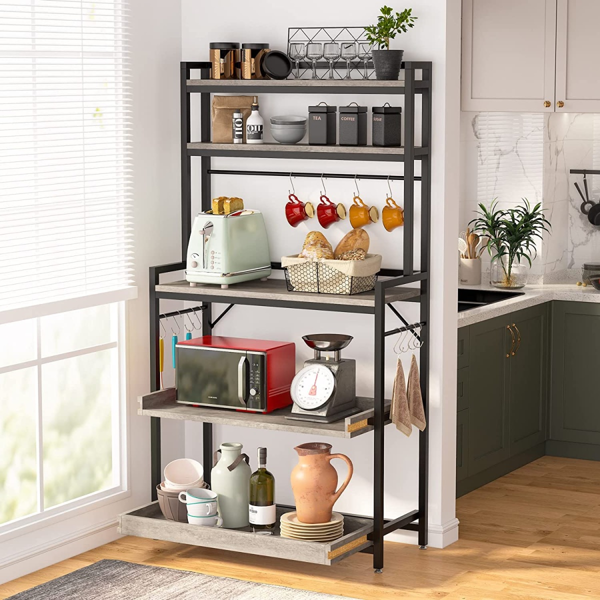 Kitchen Baker?s Rack with Hutch, 5 Tier Wood Microwave Oven Stand - Image 4
