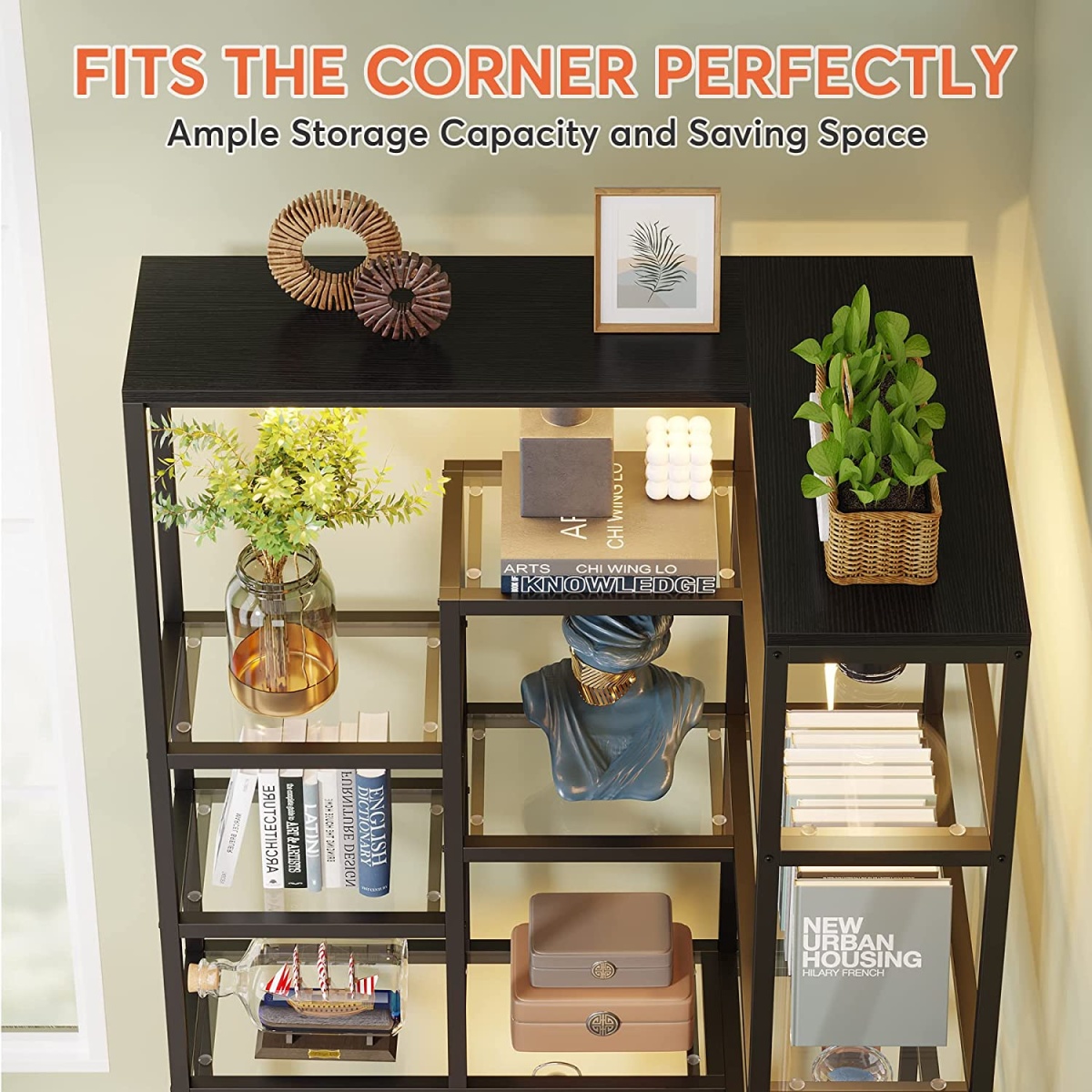 Corner Bookshelf, 70 Inch Bookcase with Led Light & Acrylic Glass - Image 8