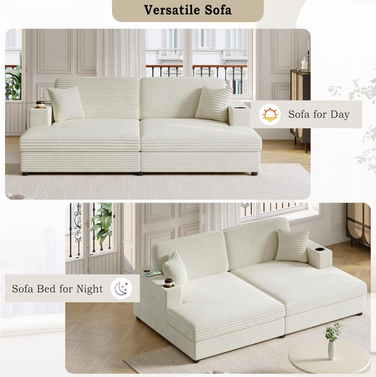 86.5" Oversized Loveseat Double Chaise Lounge Sectional Sofa Corduroy Upholstered Sleeper Sofabed Recliner Couch Daybed with Dual USB Ports , Two Cup Holders and Throw Pillows for Living Room Bedroom - Image 5