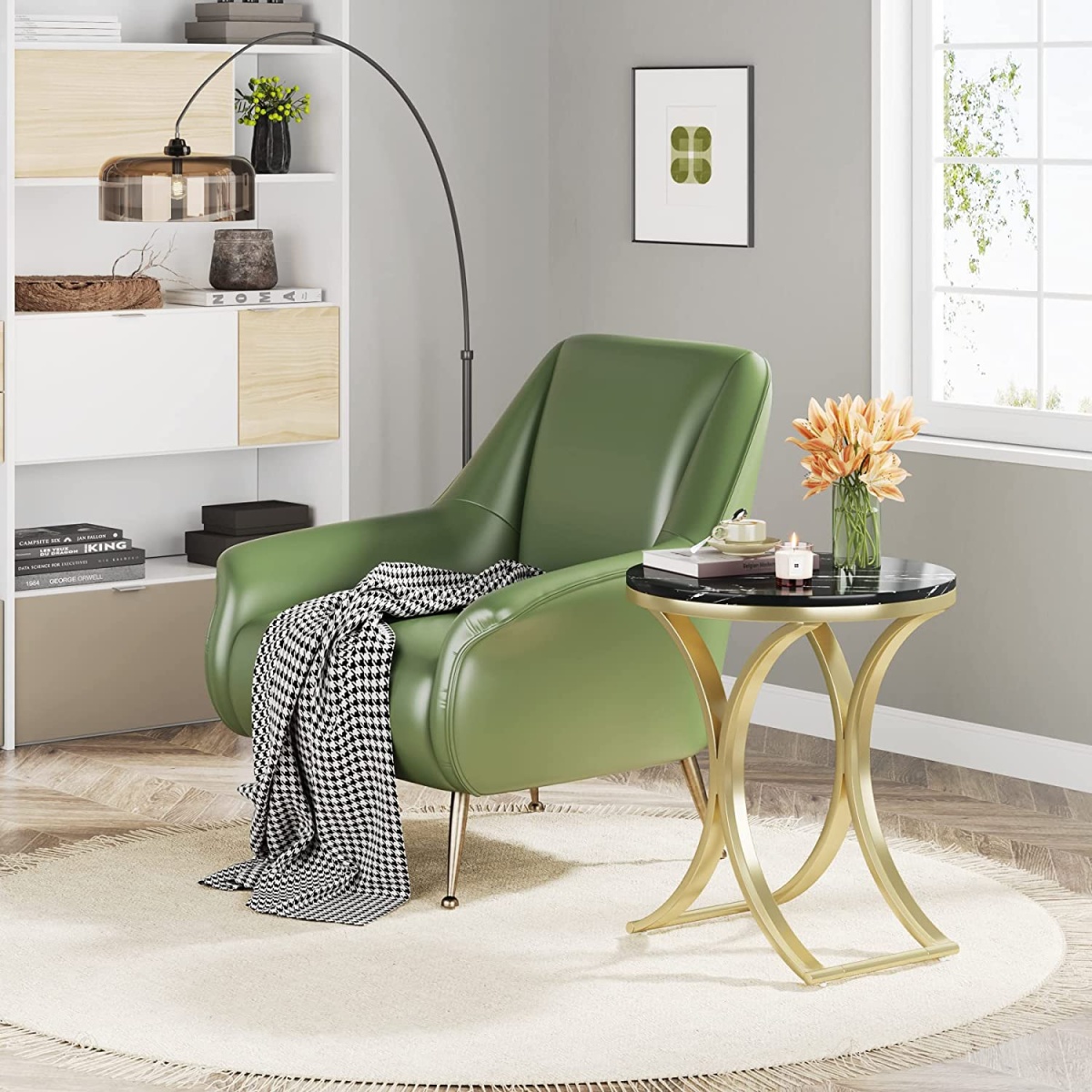 End Table, Round Sofa Side Table Coffee Table with Gold Metal Frame - Image 9