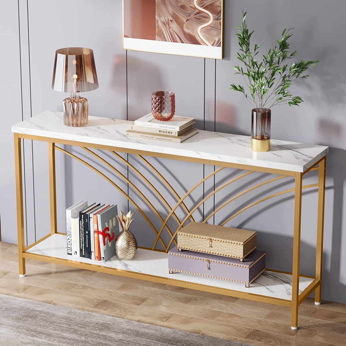 Console Table, 70.9? Faux Marble Entryway Table with 2 Tier Storage Shelf - Image 5