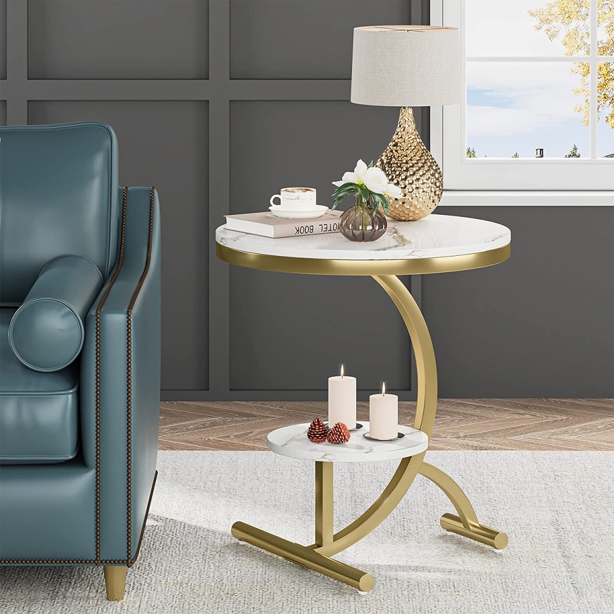 End Table, 2-Tier Round Faux Marble Sofa Side Table - Image 1