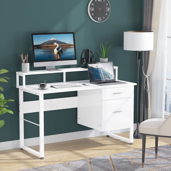 Computer Desk, White Study Table with with Monitor Stand ? Drawers