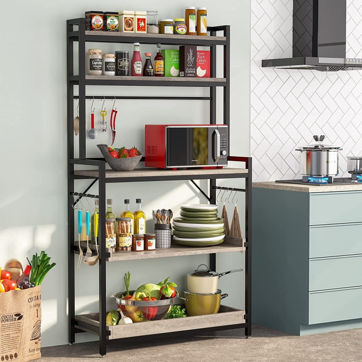 Kitchen Baker?s Rack with Hutch, 5 Tier Wood Microwave Oven Stand - Image 2