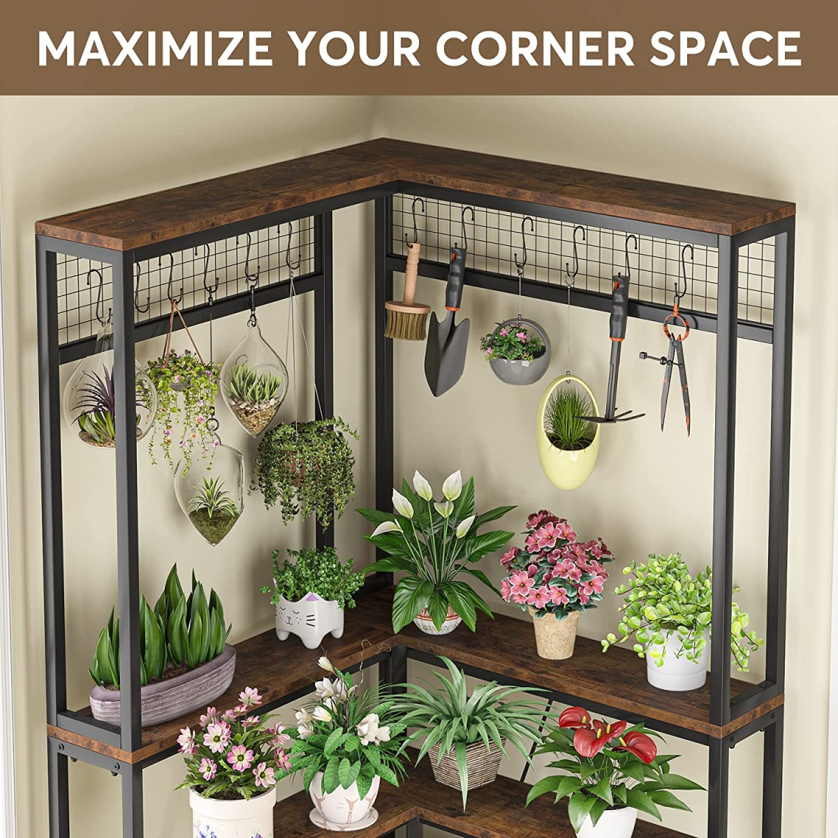 Corner Plant Stand, 67? Tall Flower Shelf with 15 Hanging Hooks - Image 7