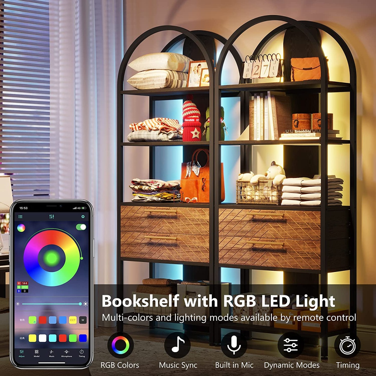Bookshelf, 4-Tier Industrial Bookcase with 2 Drawers & LED Light - Image 8