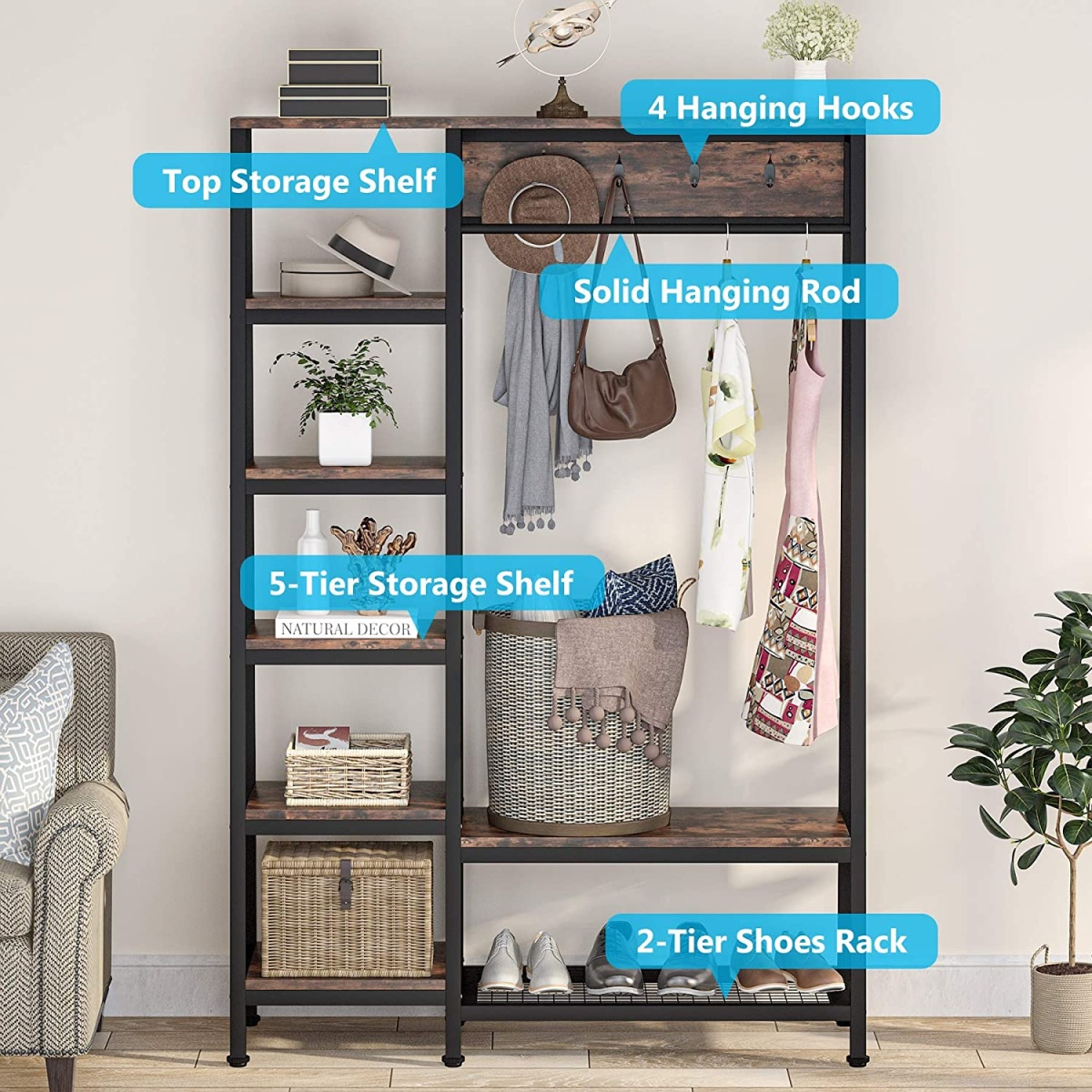 Freestanding Closet Organizer, 5-Tier Shelves Coat Garment Rack - Image 6