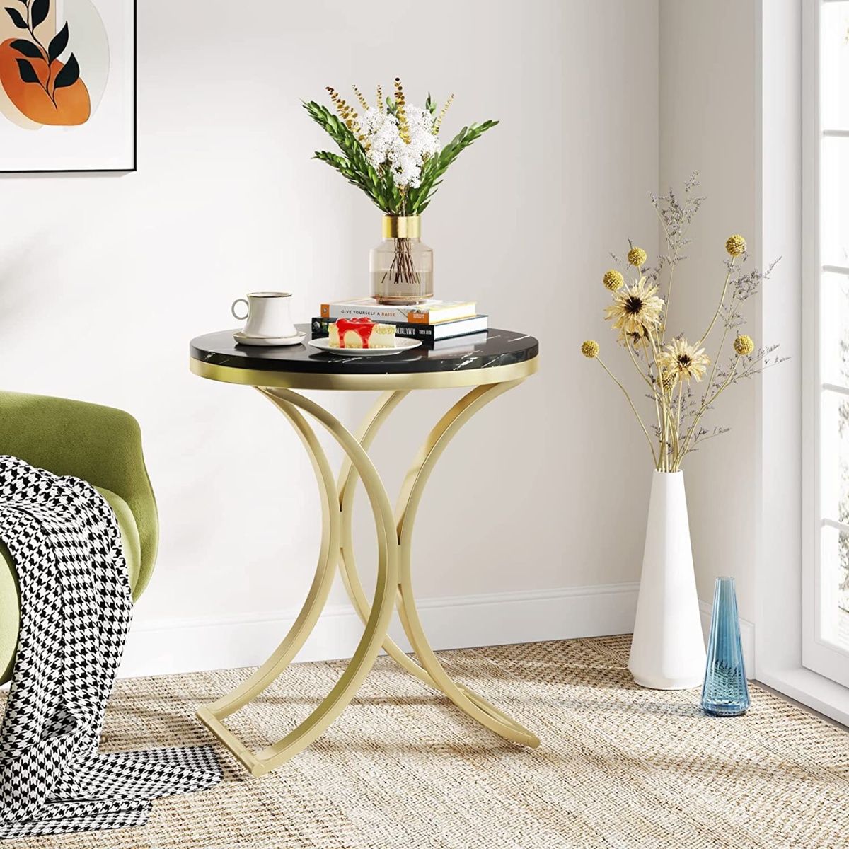 End Table, Round Sofa Side Table Coffee Table with Gold Metal Frame - Image 1