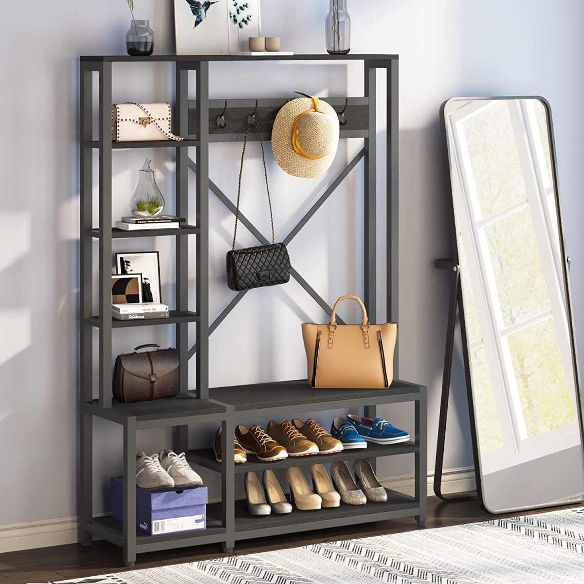 Coat Rack Shoe Bench, 4-in-1 Entryway Hall Tree with Shelves - Image 8
