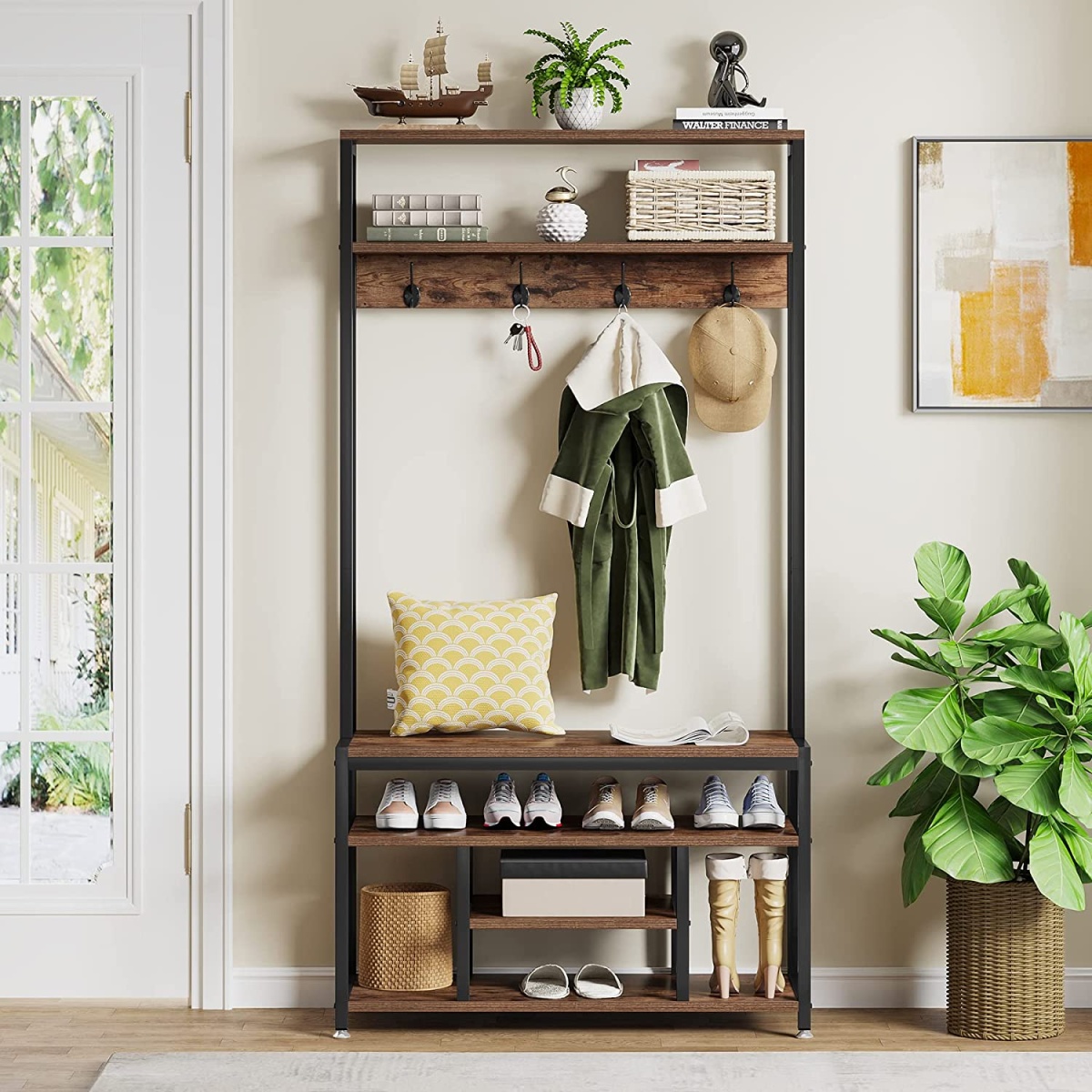 Coat Rack Shoe Bench, Entryway Hall Tree with Hooks & Shelves - Image 4