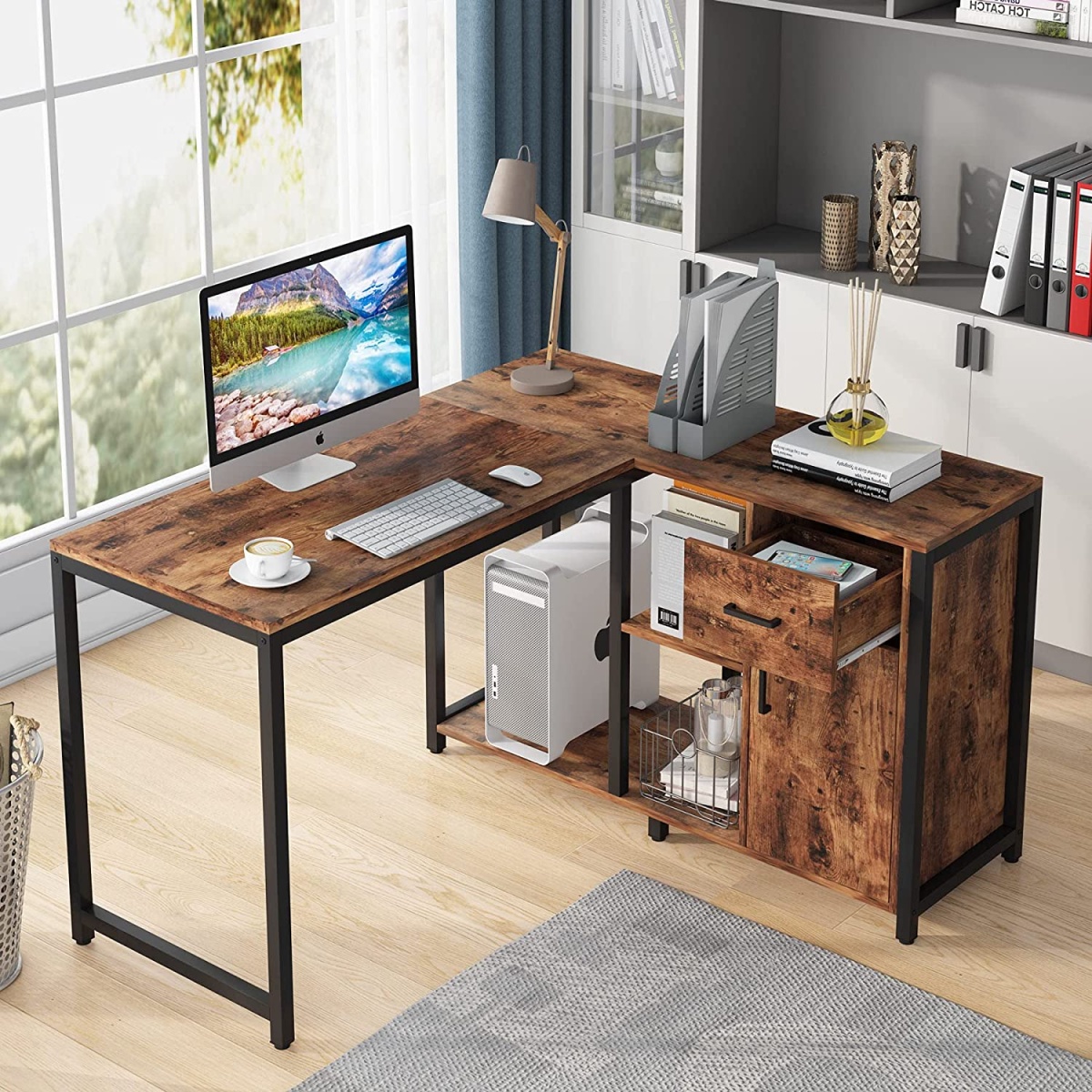 L Shaped Desk with Drawer Cabinet, 47 Inch Corner Desk - Image 4