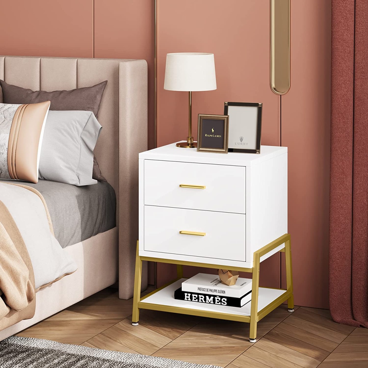 Nightstand, Modern Bedside End Table with 2 Drawers & Shelf - Image 1