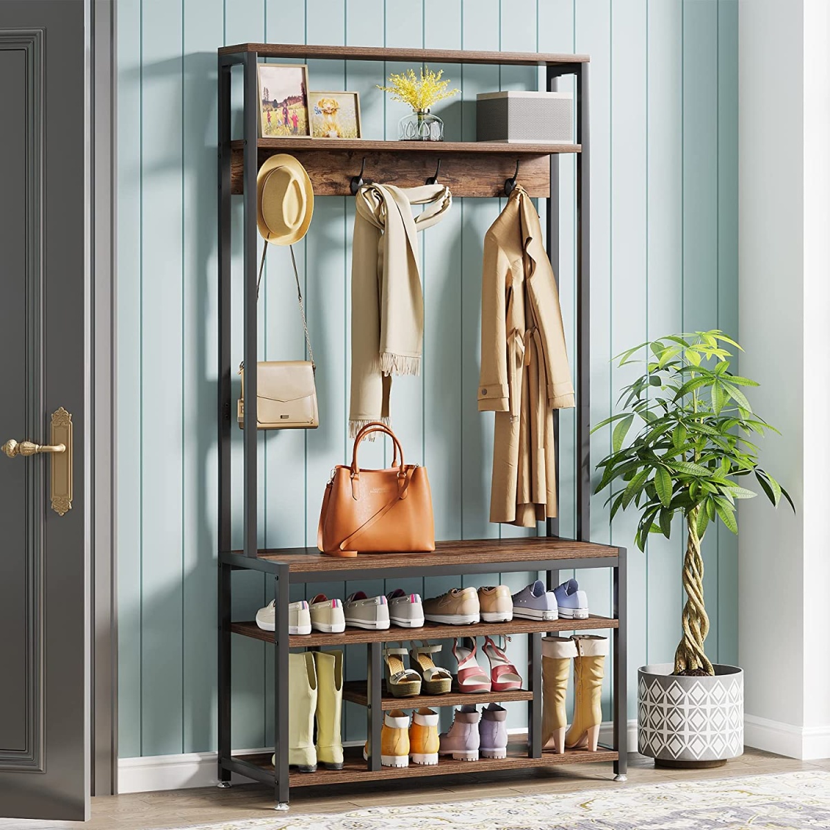 Coat Rack Shoe Bench, Entryway Hall Tree with Hooks & Shelves - Image 1