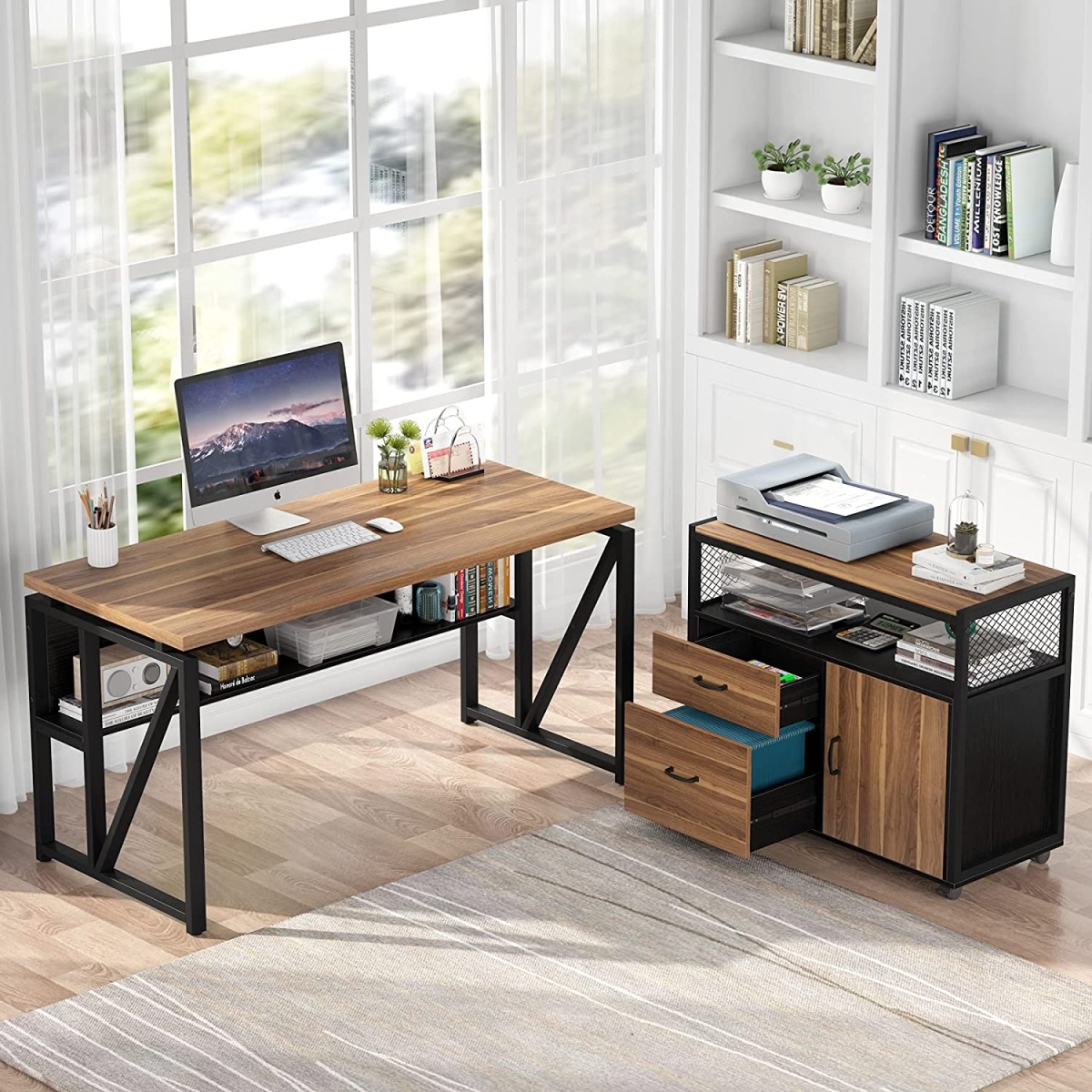 L-Shaped Desk Set, 55? Executive Desk and 32? File Cabinet - Image 2