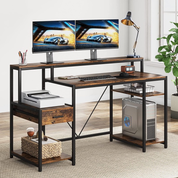 Computer Desk, 57? Study Writing Table with Drawer & Shelves