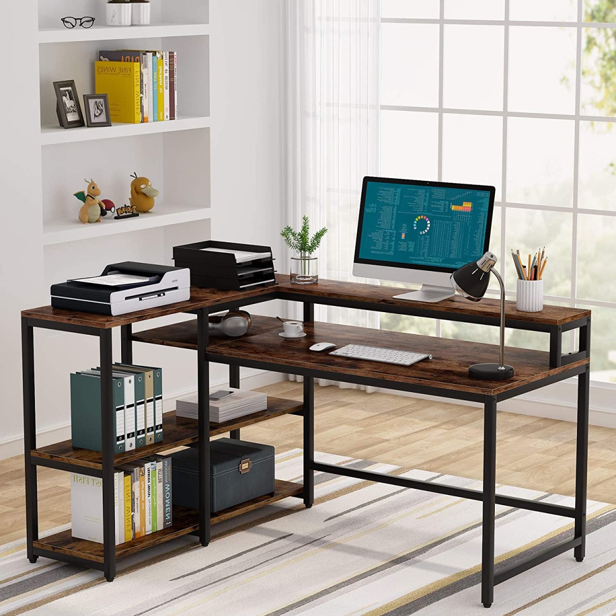 Reversible L Shaped Computer Corner Desk with Shelves - Image 4