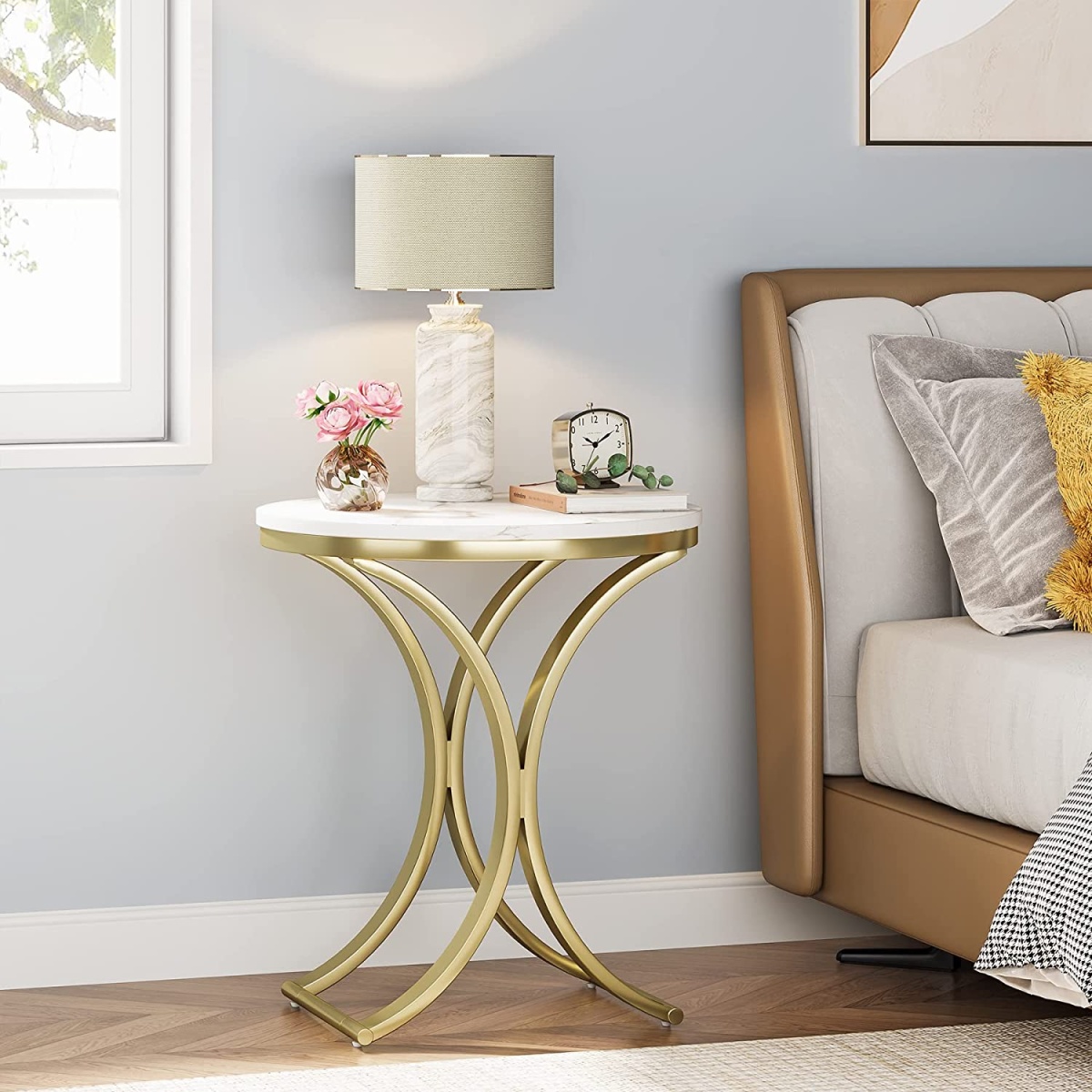 End Table, Round Sofa Side Table Coffee Table with Gold Metal Frame - Image 5