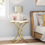 End Table, Round Sofa Side Table Coffee Table with Gold Metal Frame - Image 5