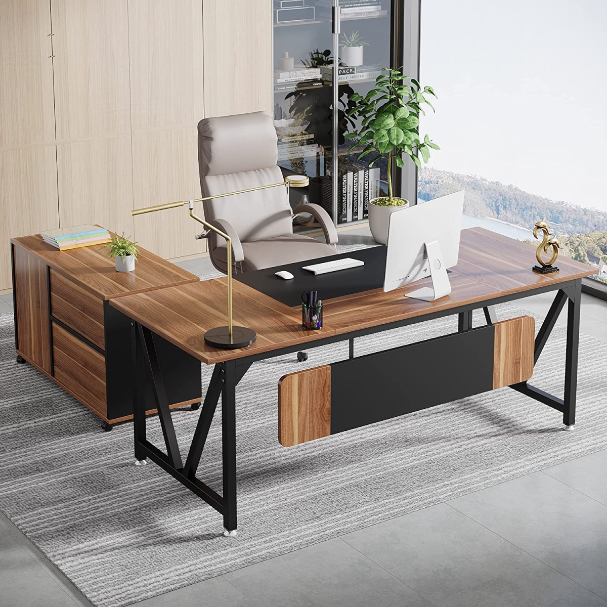 L-Shaped Desk, 70.8? Executive Desk with 35.4? File Cabinet - Image 2